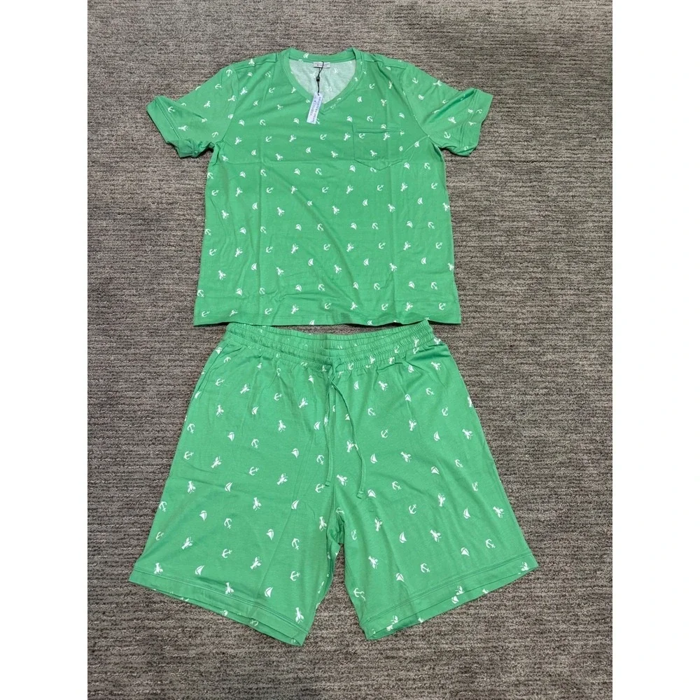 Cosabella Mens Road Trip Lounge Set Green Nautical Anchor Lobster Print Large